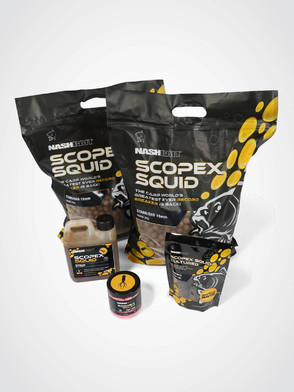 Nash Scopex Squid Pack: 10kg 15mm Shelf-life boilies, 1Ltr Syrup, 15mm Cultured Bottom Baits & 15mm Pop-ups 