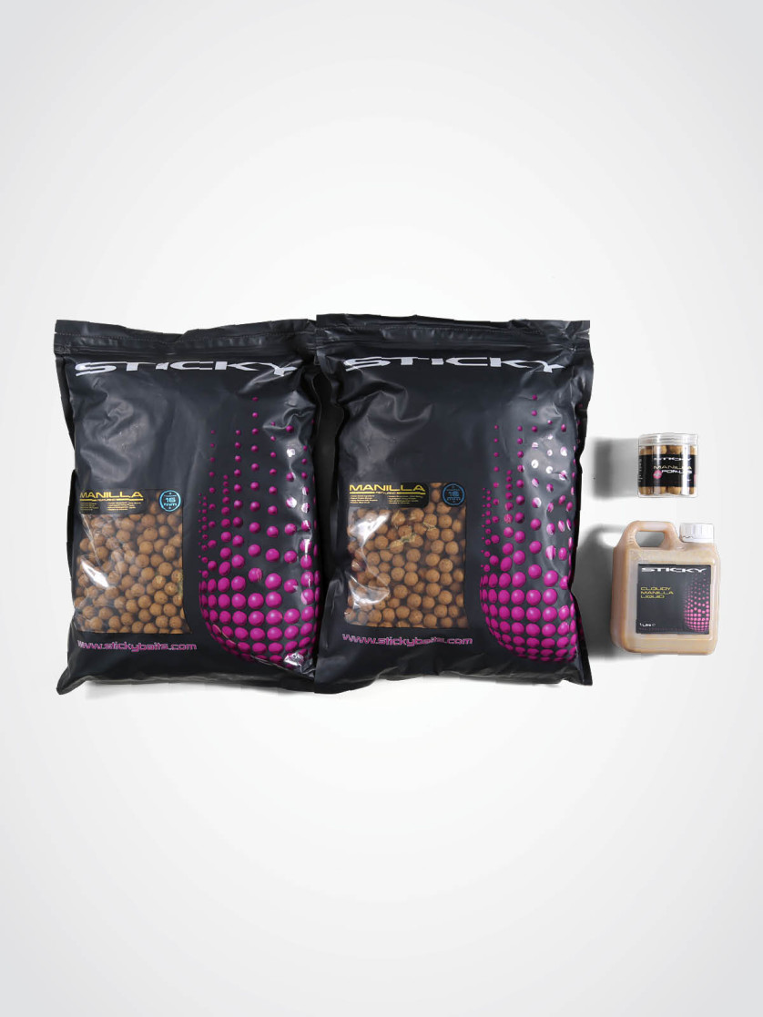 Sticky Baits Manilla Bulk Pack: 10kg 20mm Shelf-life Boilies, 1ltr Cloudy Liquid, 1 x 16mm Pop-ups